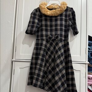 Janie and Jack Black Plaid Dress with Faux Fur Collar